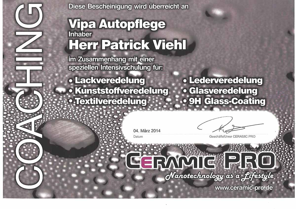 Interner Link zur Bescheinigung Ceramic PRO Intensivschulung Autopflege