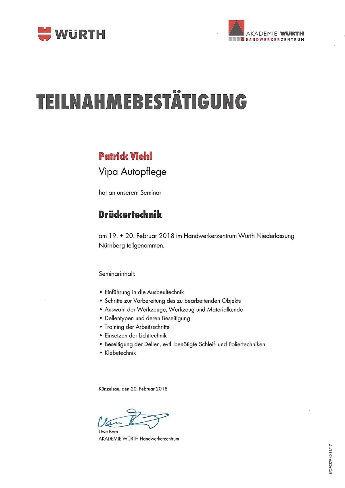 Interner Link zu Zertifikat - Würth Seminar Drückertechnik