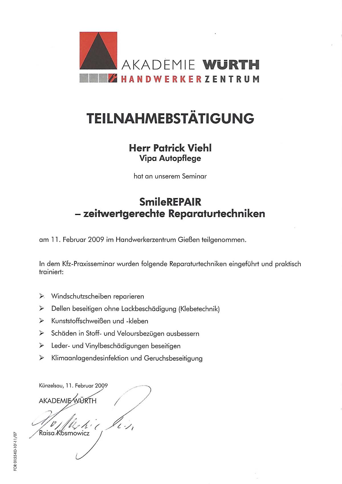 Interner Link zur Teilnahmebestätigung - Würth Akademie SmileRepair