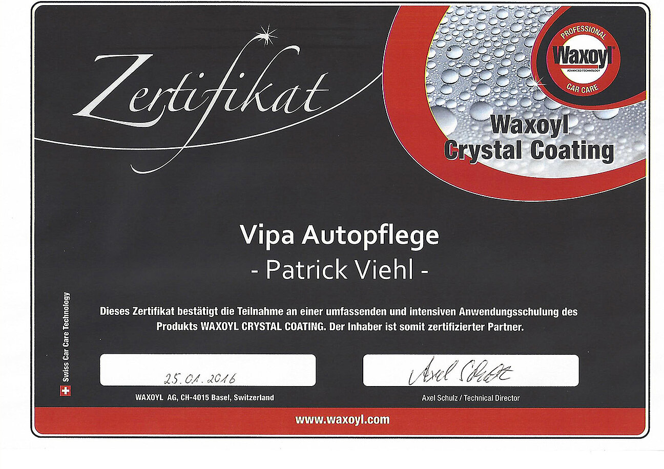 VIPA Autopflege - Zertifikate Waxoyl Crystal Coating